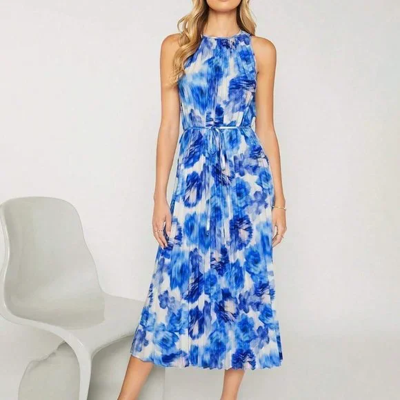 Blue Boho Womens Allover Print Pleated Belted Dress - Picture 3 of 5